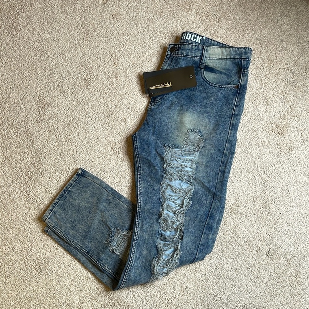 NWT TRUE ROCK Blue Slim Fit Jeans with Distressed Details (Size 40x34)